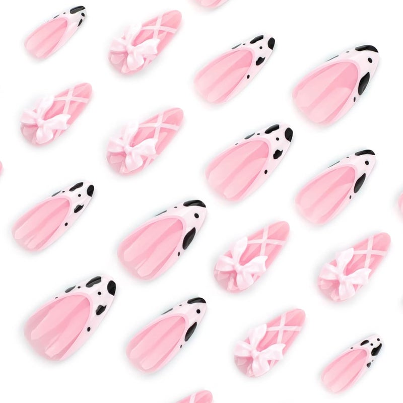 ASABITE 24 Pcs Pink Almond Press on Nails Short Medium Fake Nails with Glue, Reusable Press on Nails Acrylic Artificial Nails, Cute French Tip False Nails with Bow Cow Pattern Design Almond Nails for Women - Image 3